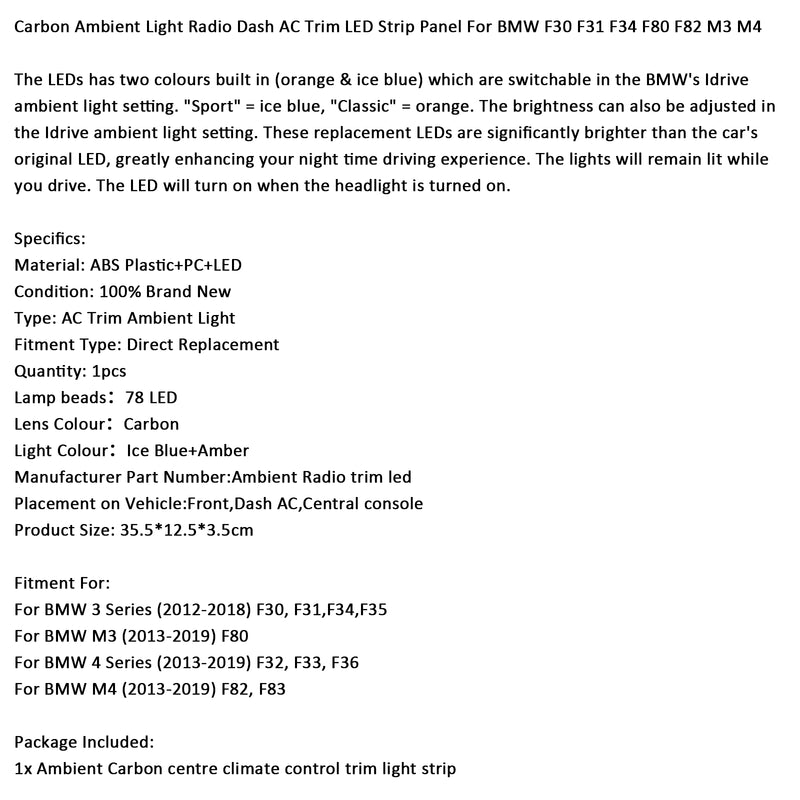 AC Radio Trim LED Ambient Light For BMW F30 F31 F34 F80 F82 M3 M4