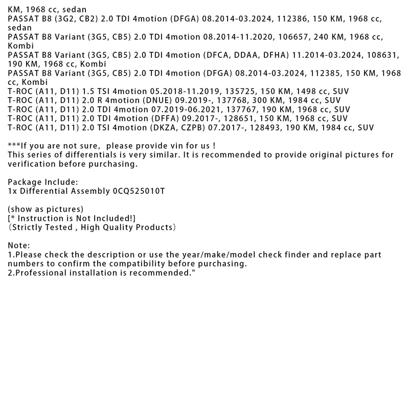Rear Axle Gear Differential  0CQ525010T For VW SKODA AUDI SEAT AWD 4X4