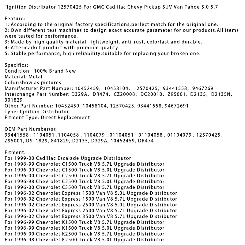 Ignition Distributor 12570425 For GMC Cadillac Chevy Pickup SUV Van Tahoe 5.0