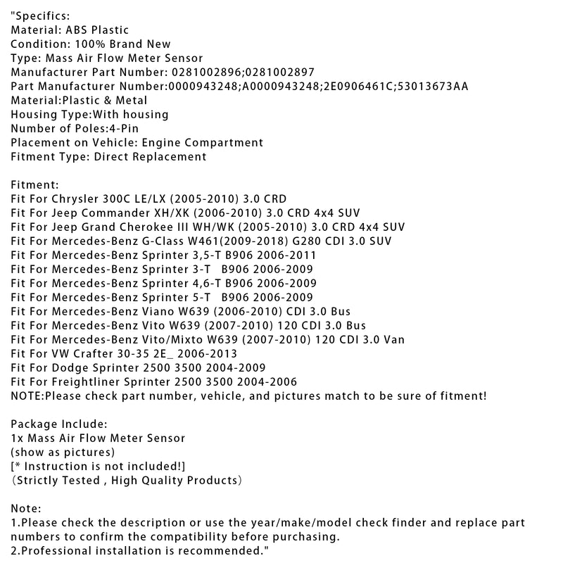 Mass Air Flow Meter Sensor For Mercedes-Benz Sprinter Jeep Crafter 0281002896