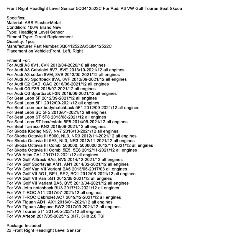 Front Right Headlight Level Sensor 5Q0412522C For Audi A3 VW Seat Skoda