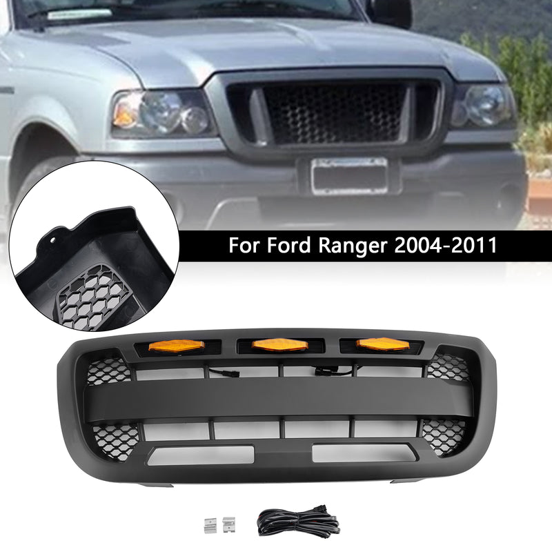 Matt Black Front Bumper Grill Grille Fit Ford Ranger 2004-2011 With LED Light