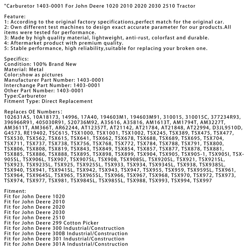 Carburetor 1403-0001 For John Deere 1020 2010 2020 2030 2510 Tractor