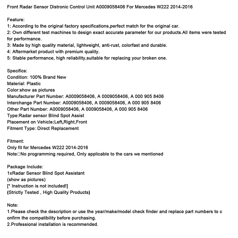 Front Radar Sensor Control Unit A0009058406 For Mercedes W222 2014-2016