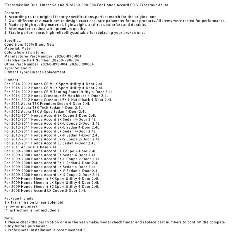 Transmission Dual Linear Solenoid 28260-R90-004 For Honda Accord CR-V Crosstour