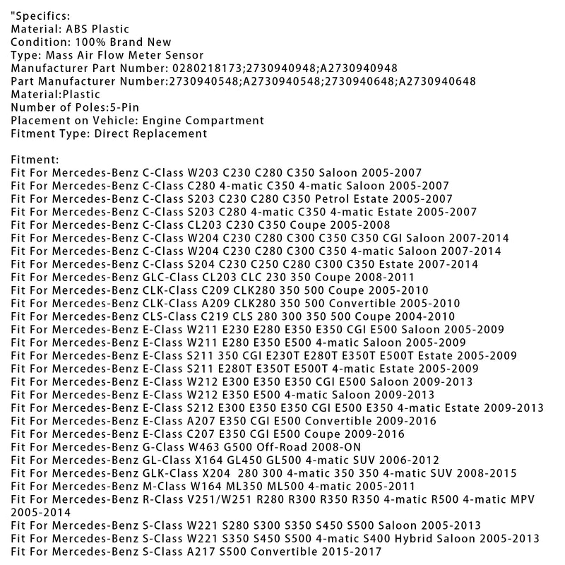 Mass Air Flow Meter Sensor For Mercedes-Benz E350 C280 C350 ML350 0280218173