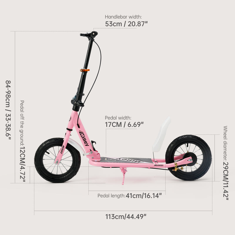 Shock-Absorbing Foldable Commuter Kick Scooter For Adults and Teens With 12" Large Smooth Rolling Rubber Air Tires