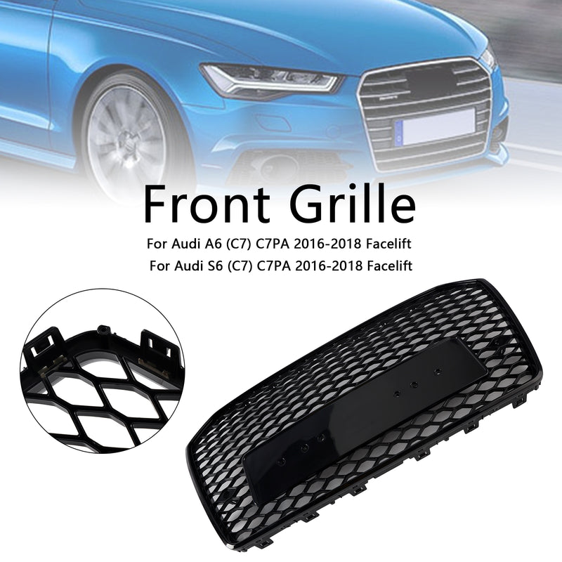 RS6 Style Front Honeycomb Mesh Grille Grill Fit Audi A6 S6 C7 2016-2018 Black