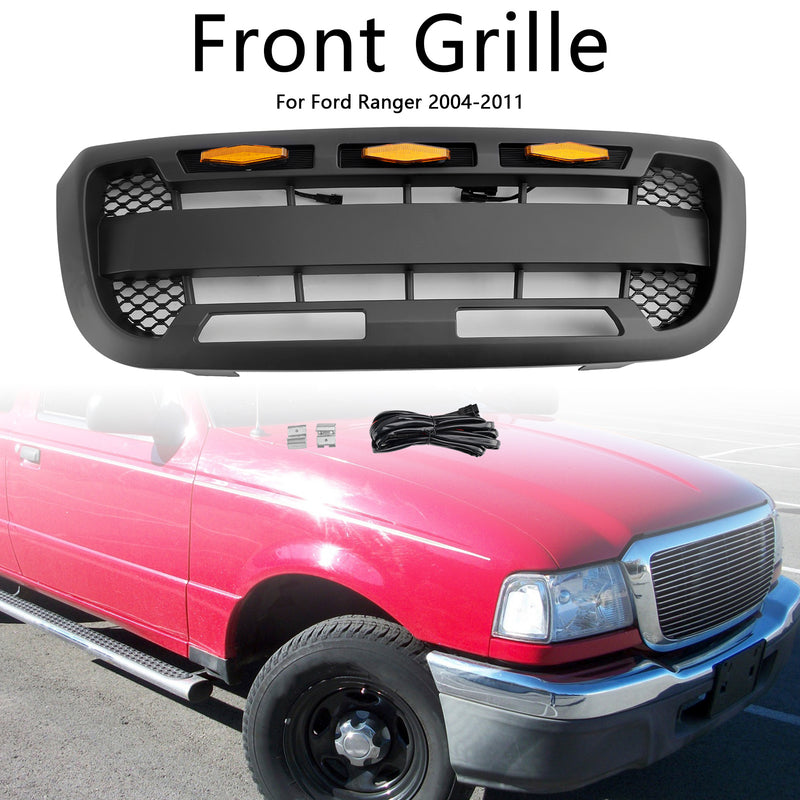 Matt Black Front Bumper Grill Grille Fit Ford Ranger 2004-2011 With LED Light