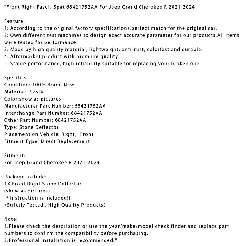 Front Right Fascia Spat 68421752AA For Jeep Grand Cherokee R 2021-2024