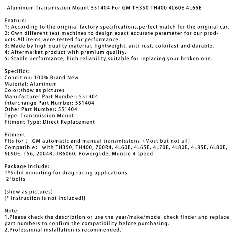 Aluminum Transmission Mount 551404 For GM TH350 TH400 4L60E 4L65E