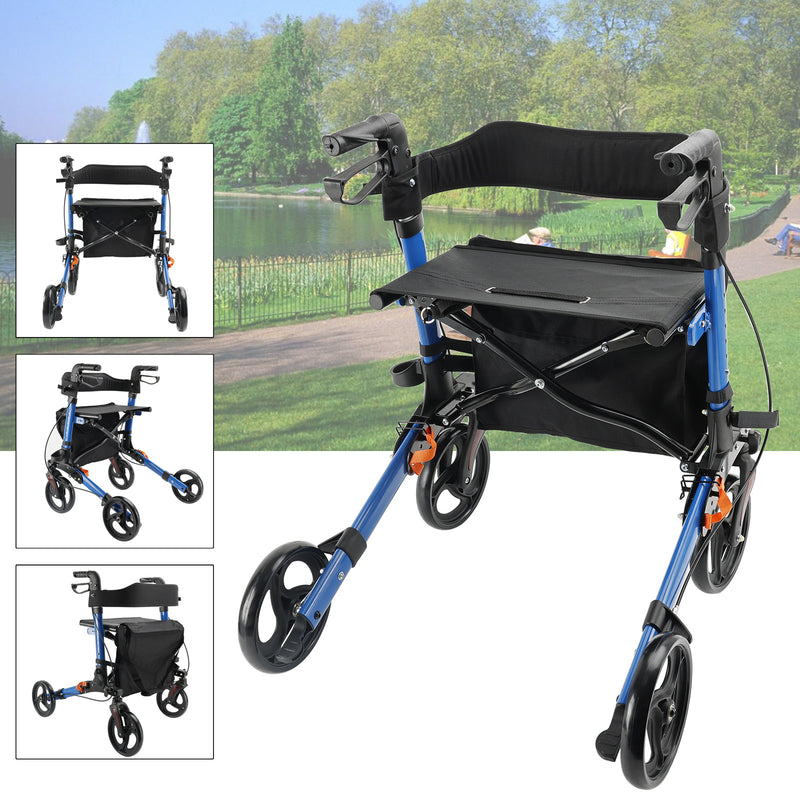 Foldable Rollator Walker with 6 levels of Adjustable Seat 8 Wheels  Compact Folding Design Lightweight Mobility Walking Aid suitable for people of different heights