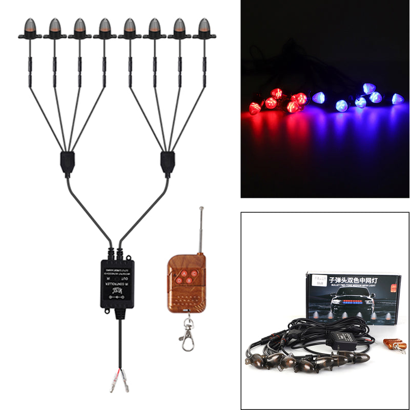 8Pcs Front Grille LED Flashing Lighting Bullet Head Appearance For Universal Car