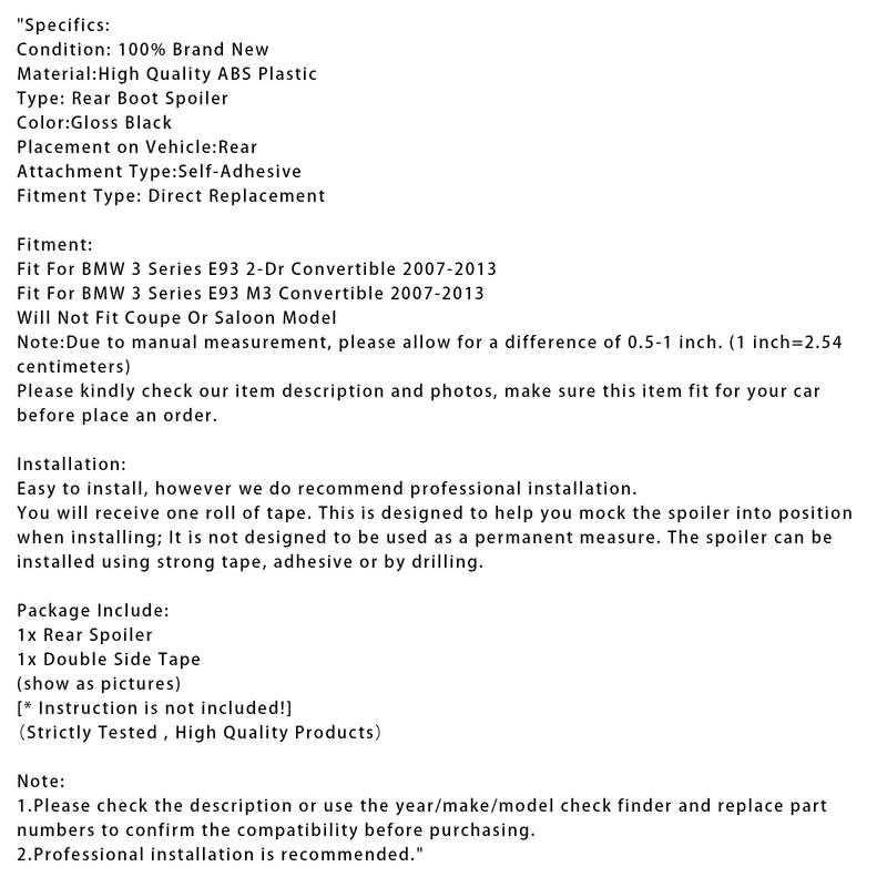 Gloss Black Rear Boot Spoiler For BMW 3 Series E93 Convertible 2007-2013