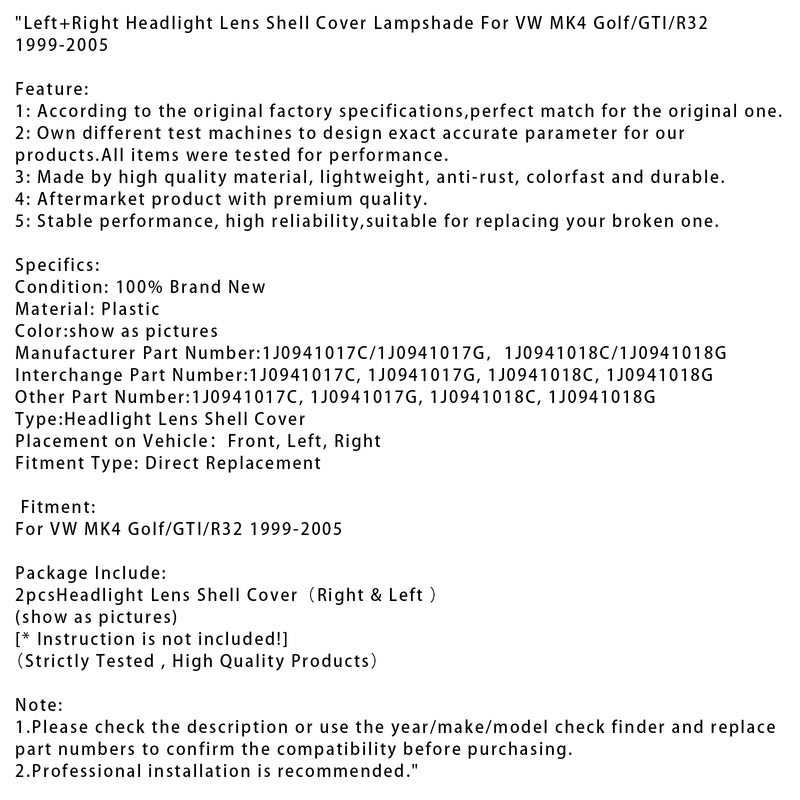 Left+Right Headlight Lens Shell Cover Lampshade For VW MK4 Golf/GTI/R32 99-2005