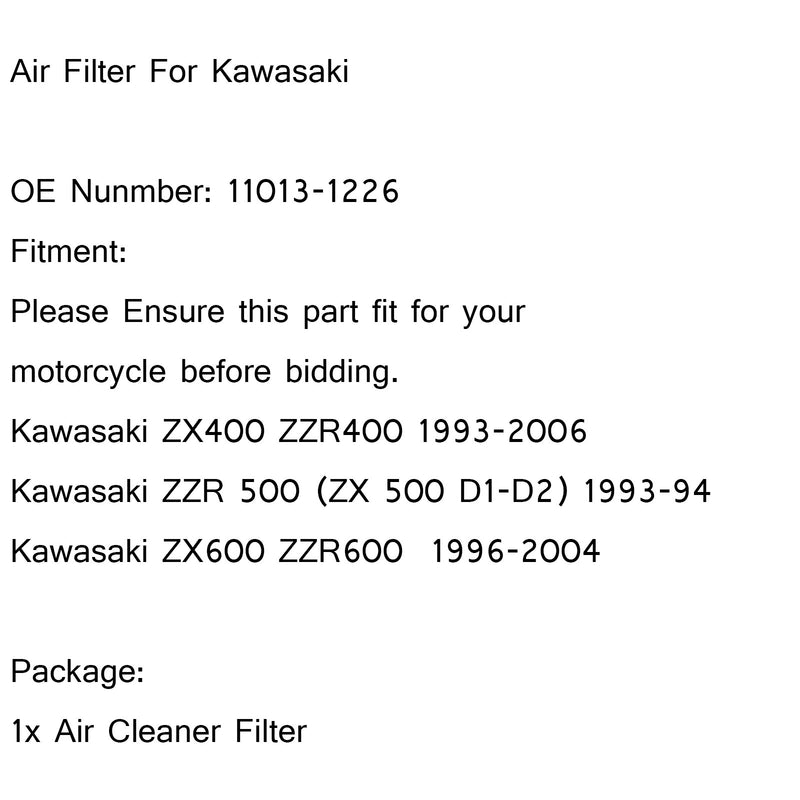 Air Filter Cleaner For Kawasaki ZX400G Ninja ZX-4 ZZR400 ZZR500 ZZR600 1993-2006 Generic