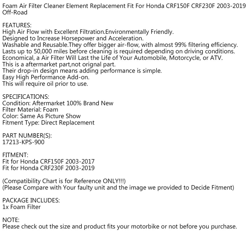 Foam Air Filter Cleaner Fit for Honda CRF 150 F 2003-2017 CRF 230 F 2003-2019  Generic