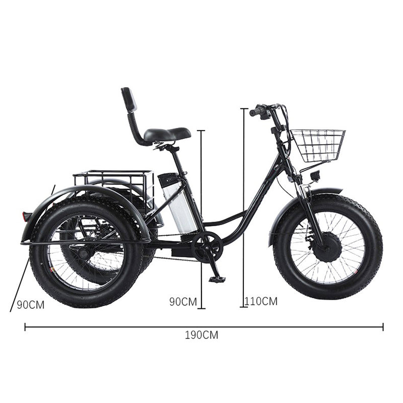 500W 48V 12A Electric Snow Tricycle 3 wheel e-bike Fat Tire Tricycle