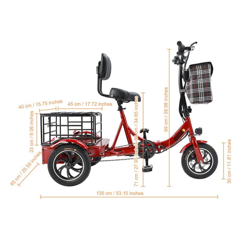 400W 48V 12A Elder Electric folding tricycle 3 wheel e-bike with Basket