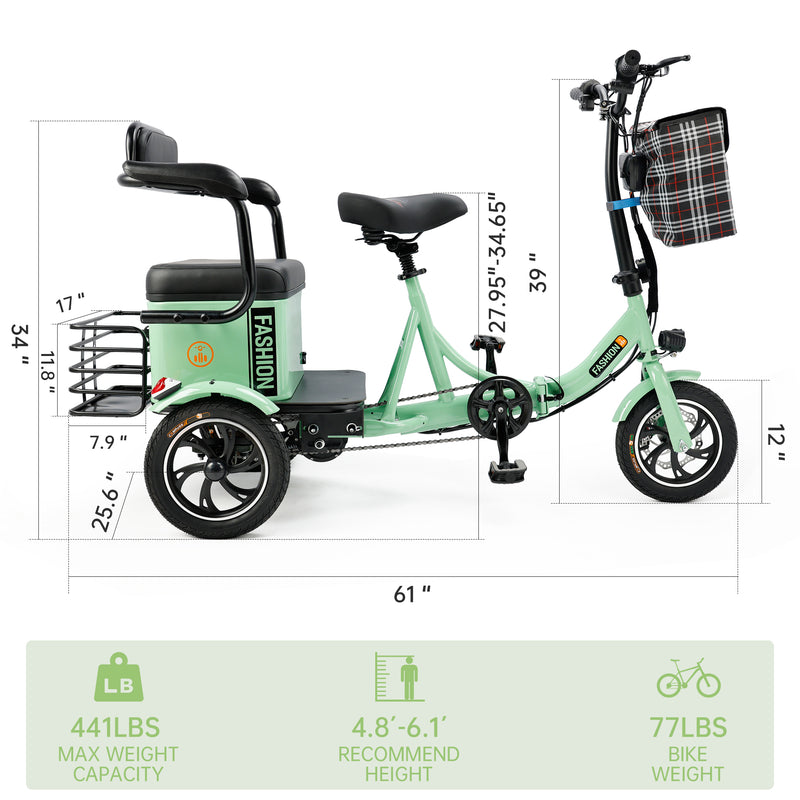 400W 48V 12A Elder Electric folding trike 3 wheel e-bike with Rear Seat