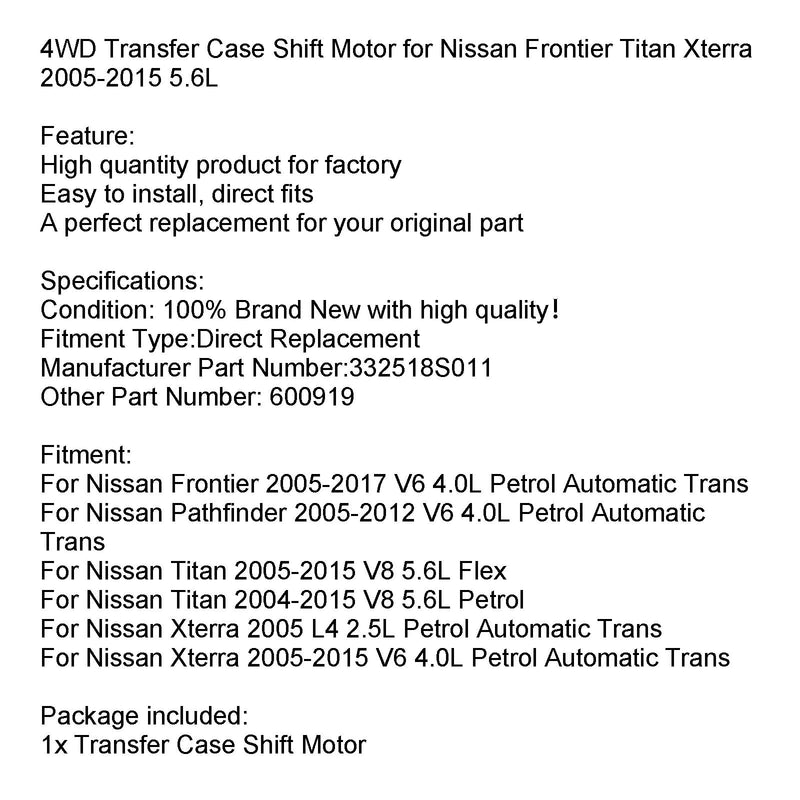 Nissan Titan 2004-2015 V8 5.6L Petrol 332518S011 600919 4WD Transfer Case Shift Motor