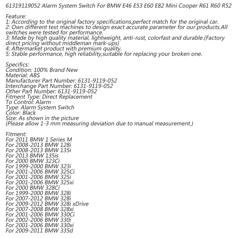 61319119052 Alarm System Switch For BMW E46 E53 E60 E82 Mini Cooper R61 R60 R52 Generic