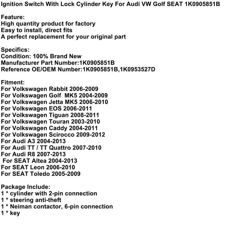 Audi VW Golf SEAT 1K0905851B Ignition Switch With Lock Cylinder Key