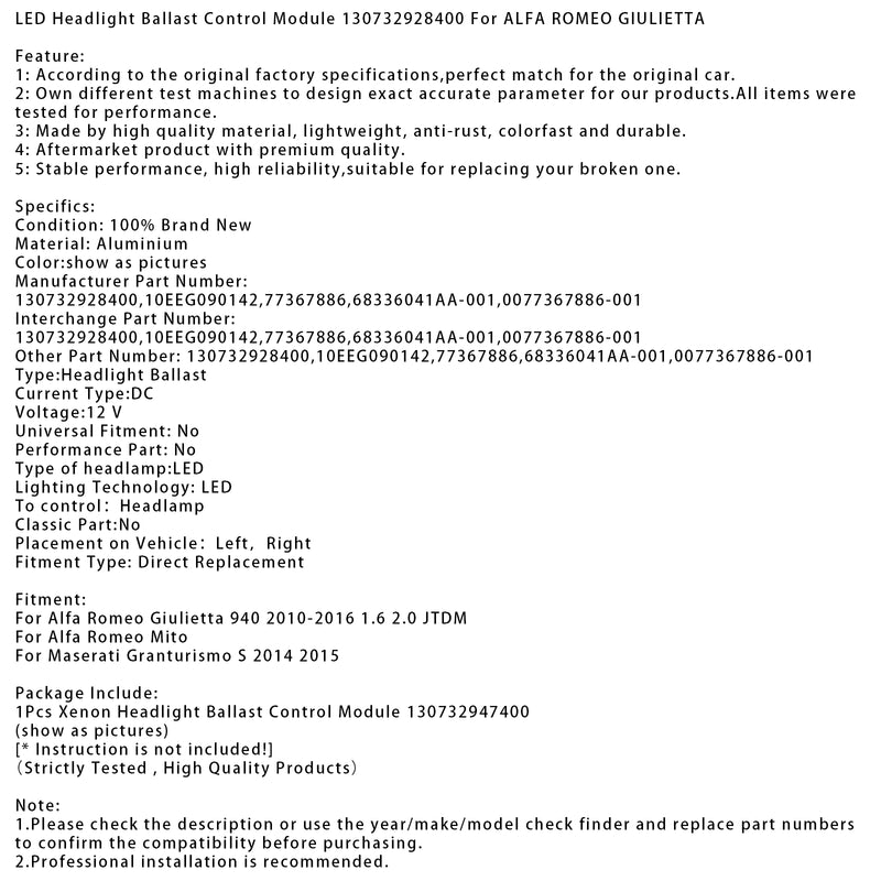 LED Headlight Ballast Control Module 130732928400 For ALFA ROMEO GIULIETTA