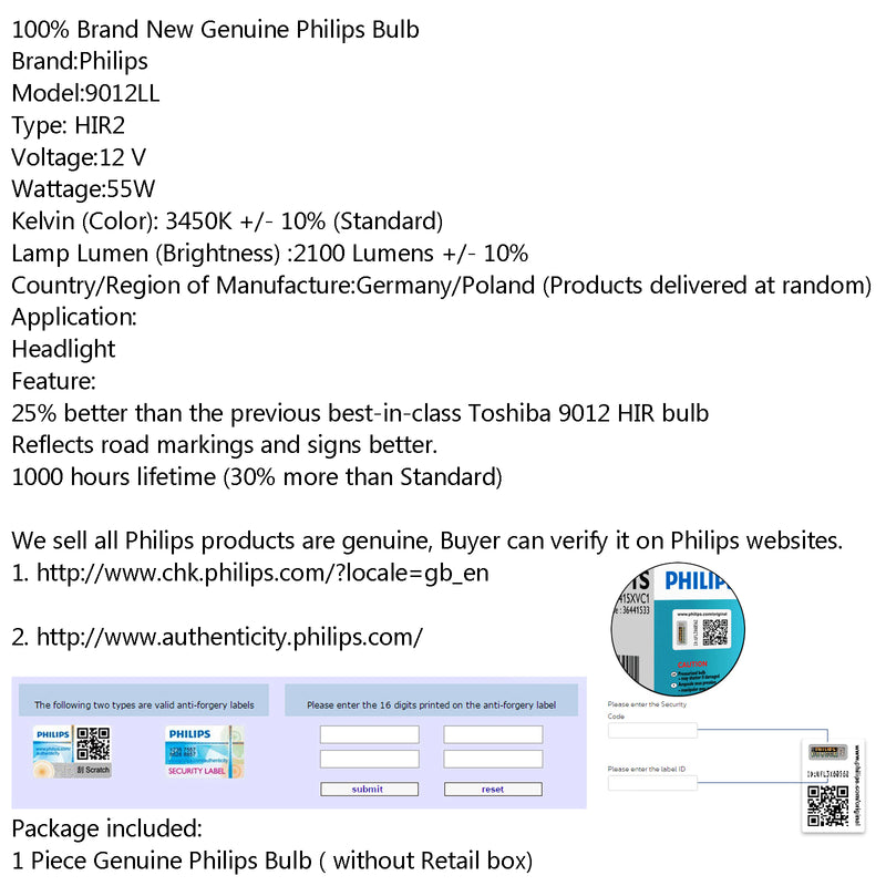Philips 9012LL/HIR2 X 1 Bulb 12V 55W Long Life Version High Performance Generic
