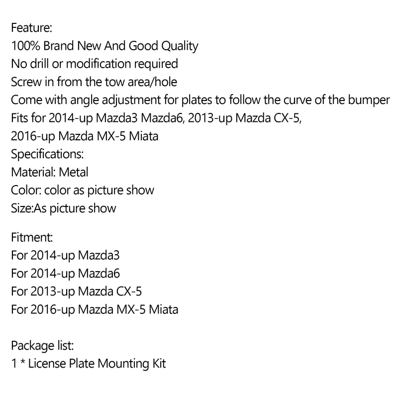 New Bumper Tow Hook License Plate Mount Bracket Holder For Mazda 3 Mazda 6 CX5 MX5 Generic