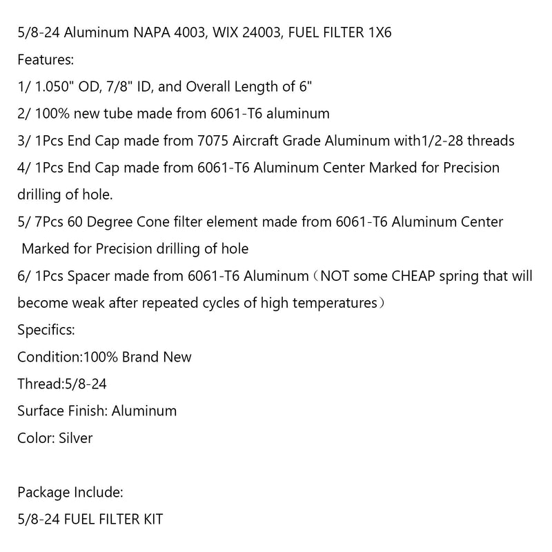 NAPA 4003 & WIX 24003 Aluminum Fuel Filter – 5/8-24 Thread, 1X6 Size