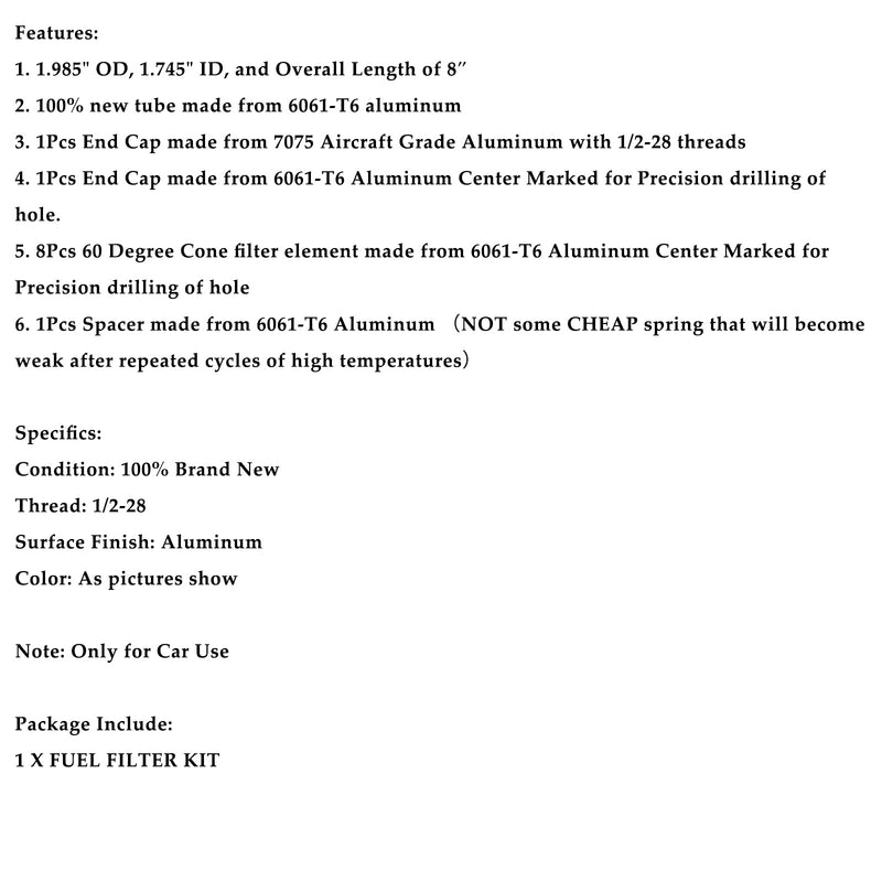 1/2-28 Fuel Filter For NAPA 4003 WIX 24003 OD 1.985" ID 1.745" L 8" For Car Only