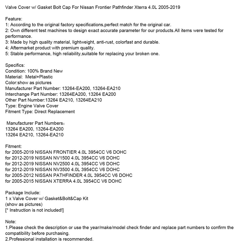 2005-2019 Nissan Frontier 4.0L Valve Cover w/ Gasket Bolt Cap 13264- EA200 13264-EA210