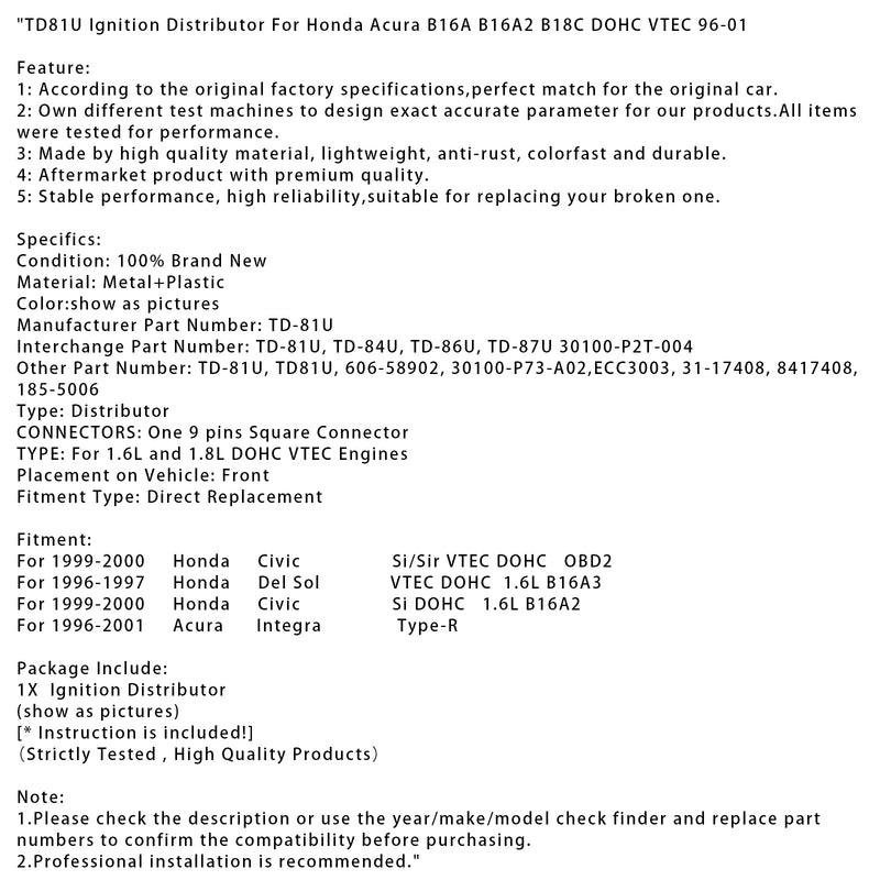 TD81U Ignition Distributor For Honda Acura B16A B16A2 B18C DOHC VTEC 96-01