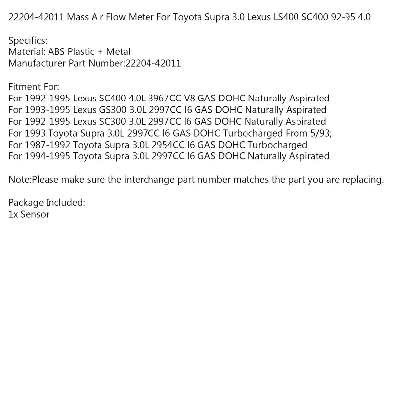 22204-42011 Mass Air Flow Meter For Toyota Supra 3.0 Lexus LS400 SC400 92-95 4.0