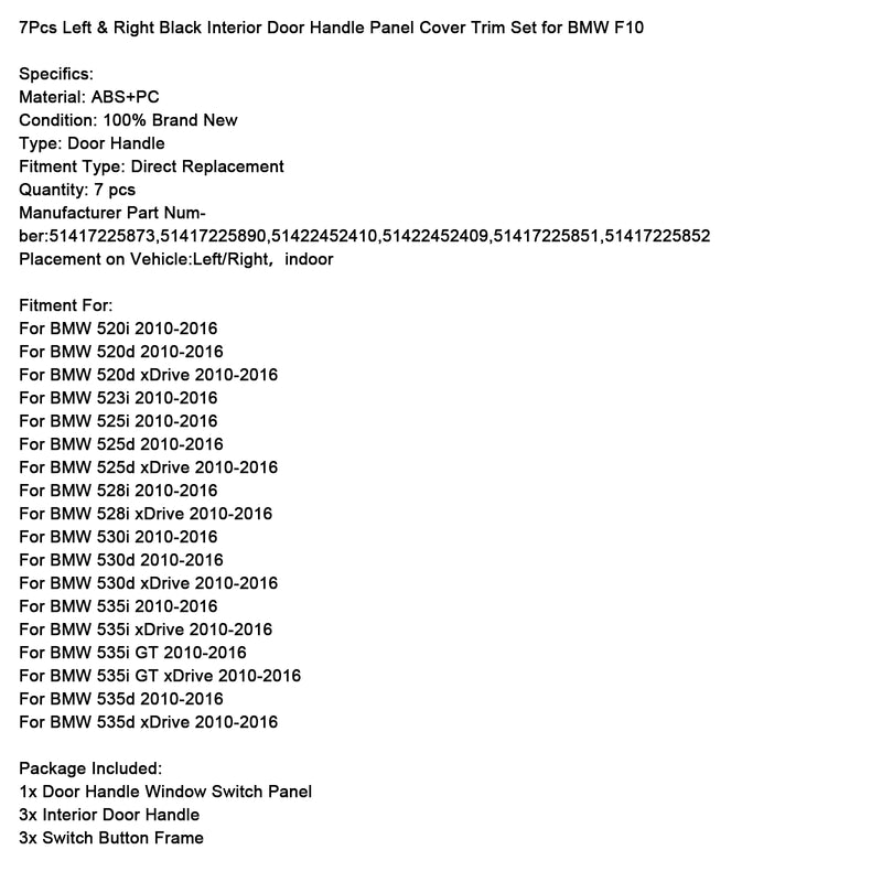 7x Black Inner Door Panel Handle Pull Trim Cover For BMW 5 Series F10 F11 10-16