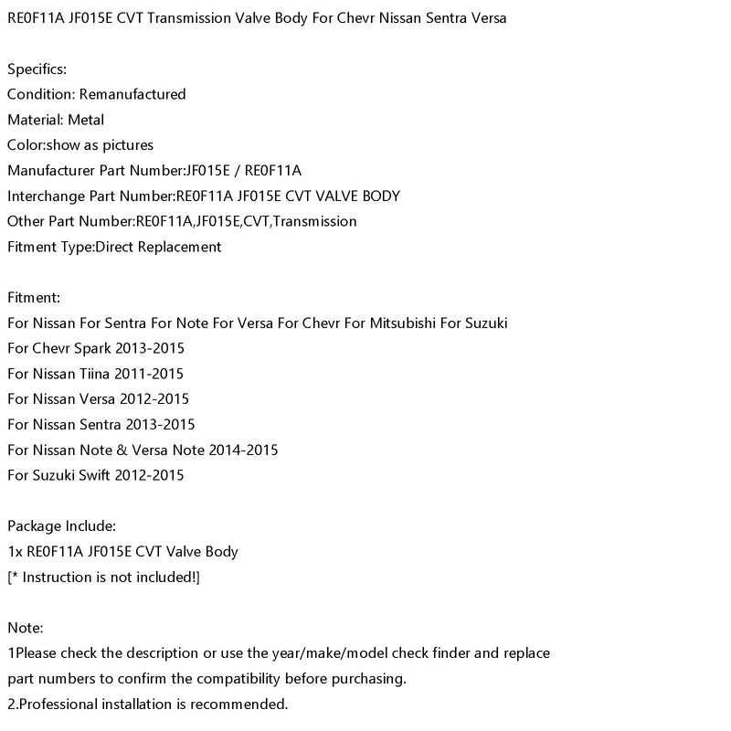 2013-2015 Nissan Sentra RE0F11A JF015E CVT Transmission Valve Body Generic