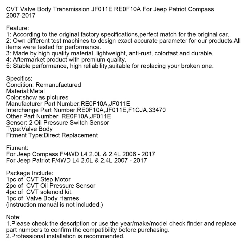 2006-2017 Jeep Compass F/4WD L4 2.0L & 2.4LCVT Valve Body Transmission JF011E RE0F10A 33470