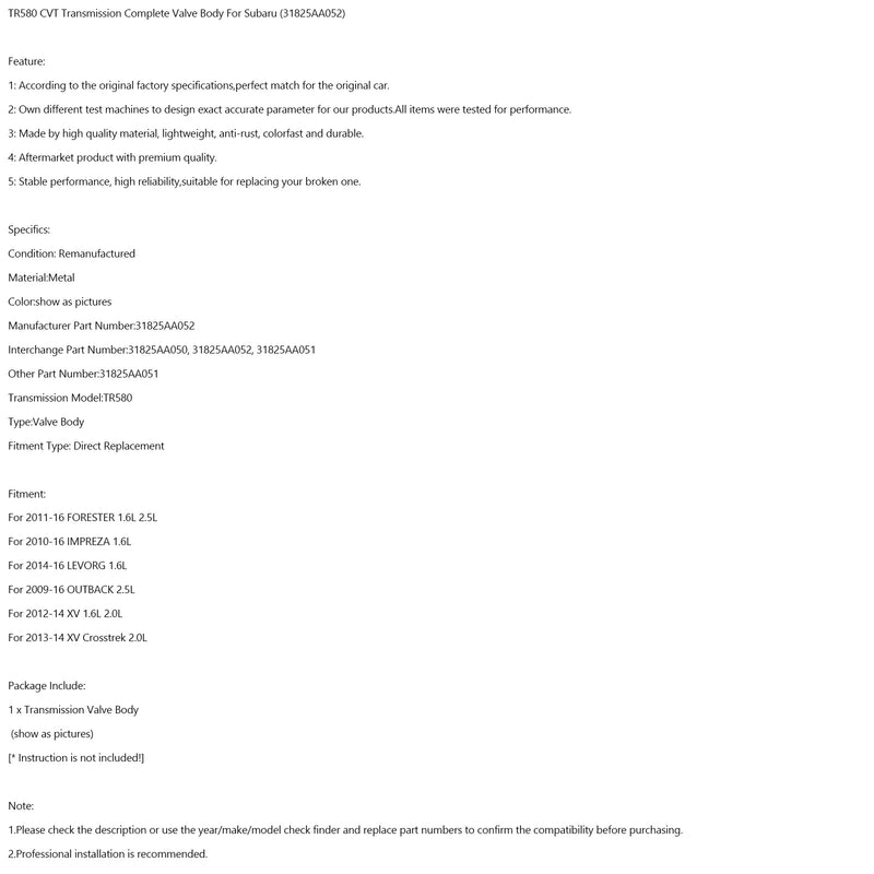 2010-2016 IMPREZA 1.6L TR580 CVT Transmission Complete Valve Body For Subaru (31825AA052)