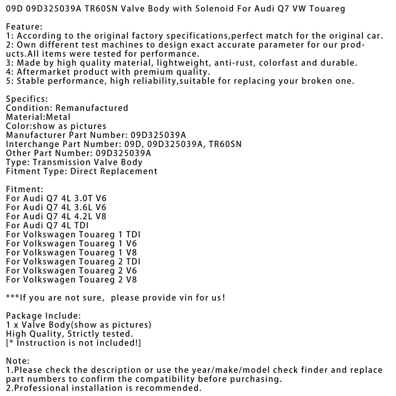 09D 09D325039A TR60SN Valve Body with Solenoid For Audi Q7 VW Touareg