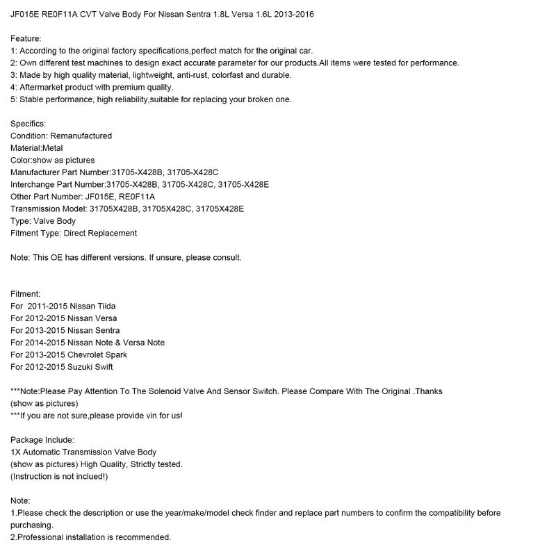 JF015E RE0F11A CVT Valve Body For 2012-2015 Suzuki Swift