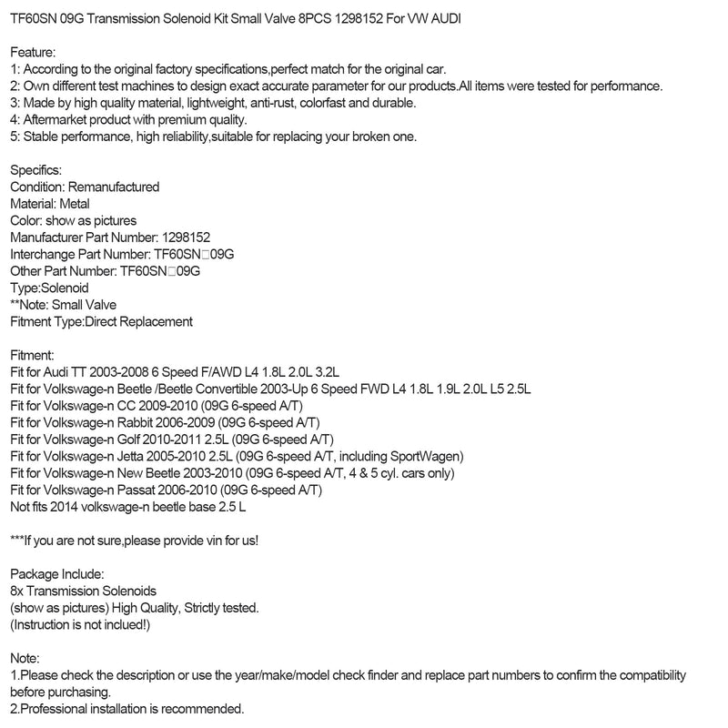 Volkswage-n New Beetle 2003-2010 TF60SN 09G Transmission Solenoid Kit Small Valve 8PCS 1298152