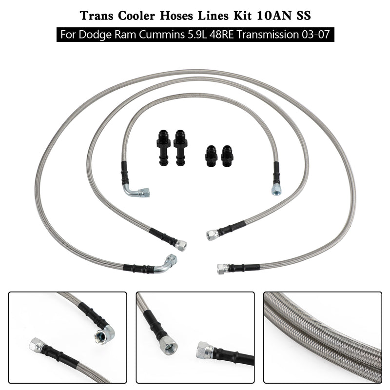 Trans Cooler Hoses Lines Kit 10AN SS For Dodge Ram Cummins 5.9L 48RE Transmission 03-07N SS