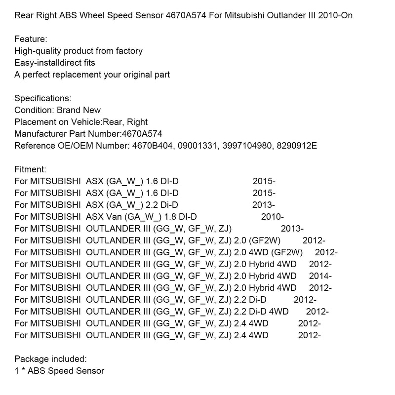 4670A574 Rear Right ABS Wheel Speed Sensor Mitsubishi Outlander III 2010-On
