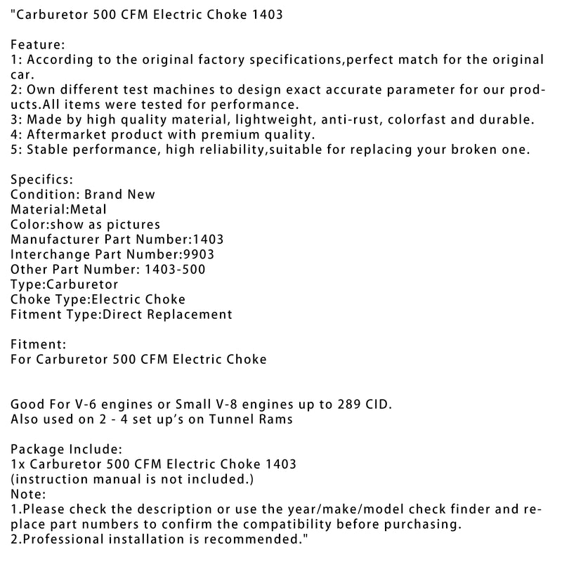 Carburetor 500 CFM Electric Choke 1403 For For Carburetor