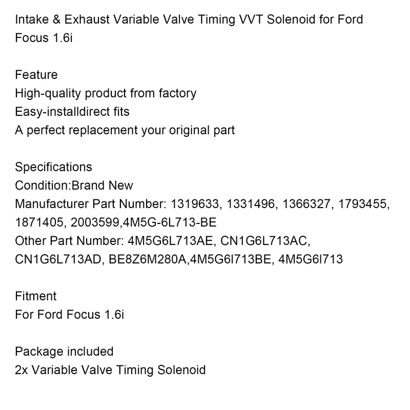 Intake & Exhaust Variable Valve Timing VVT Solenoid for Ford Focus 1.6i