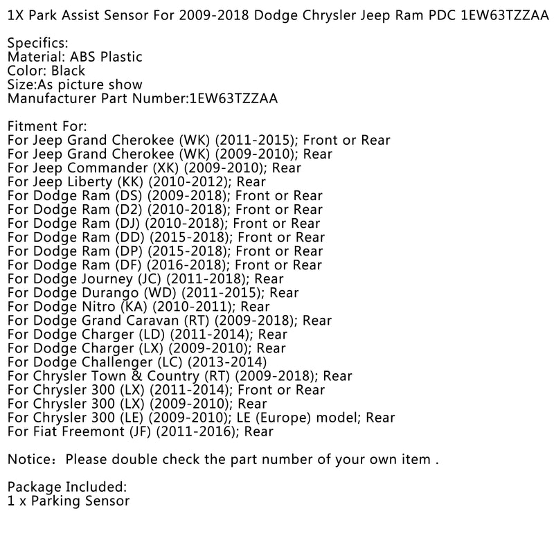 1PCS Park Assist Sensor For 2009-2018 Chrysler PDC 1EW63TZZAA Generic