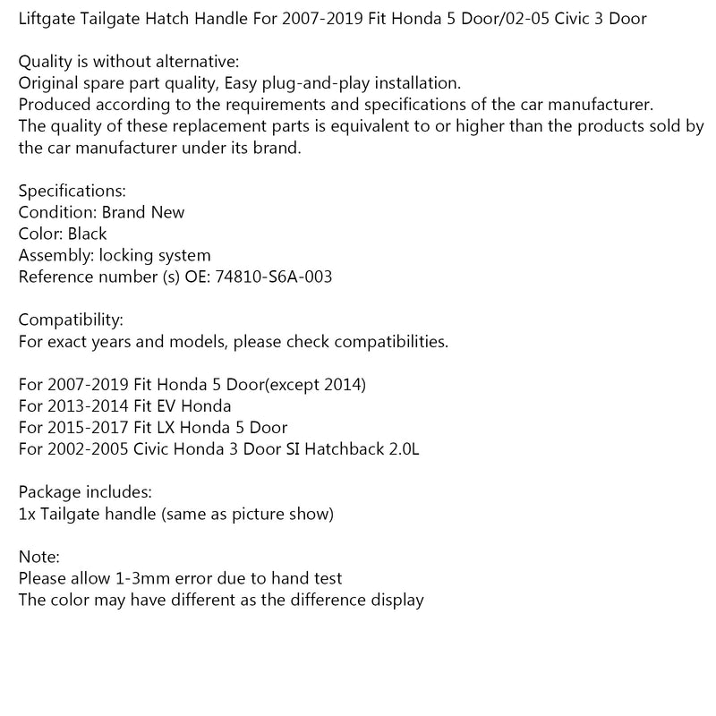 Liftgate Tailgate Hatch Handle Fit 2007-2019 Fit Honda 5 Door/02-05 Civic 3 Door Generic