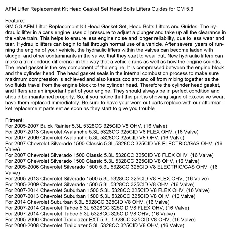 2007-2009 Chevrolet Avalanche 5.3L 5328CC 325CID V8 OHV, (16 Valve) AFM Lifter Replacement Kit Head Gasket Set Head Bolts Lifters Guides Fedex Express Generic