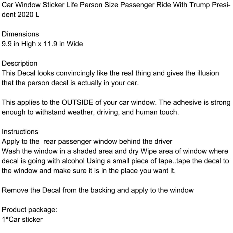 Car Window Sticker Life Person Size Passenger Ride With Trump President 2020 L